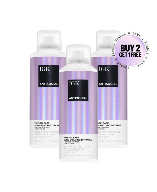 Three bottles of IGK Antisocial dry mask with a 'Buy 2 Get 1 Free' offer.