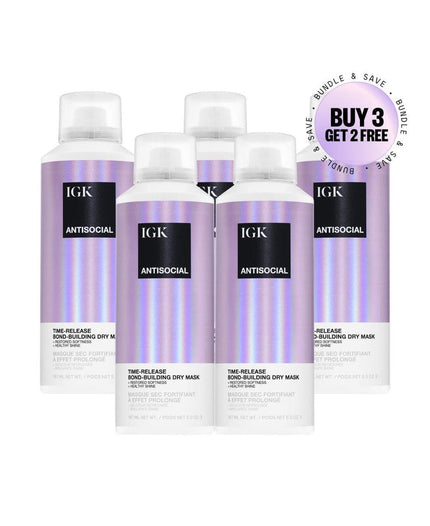 Five bottles of IGK Antisocial hair mask with a buy 3 get 2 free offer.