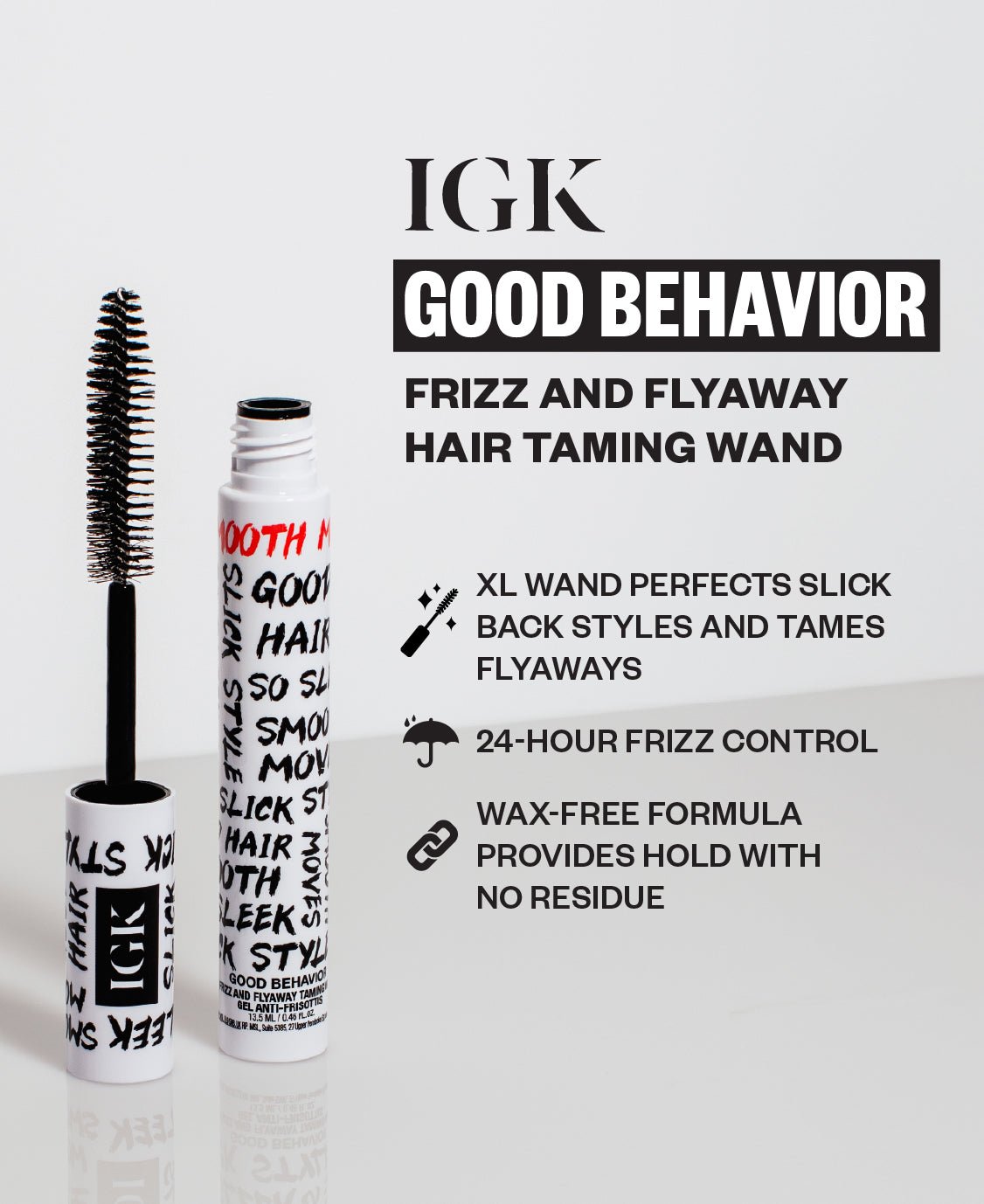 IGK Good Behavior hair taming wand with product description on a white background