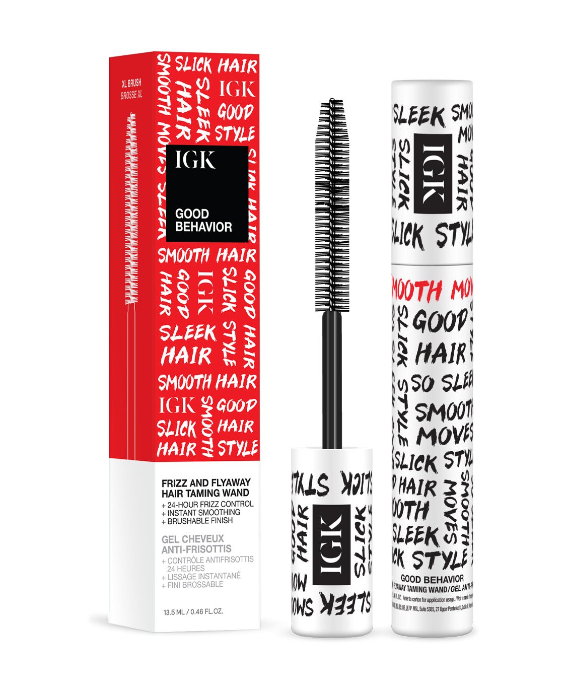 IGK hair product set with packaging and applicator on a white background