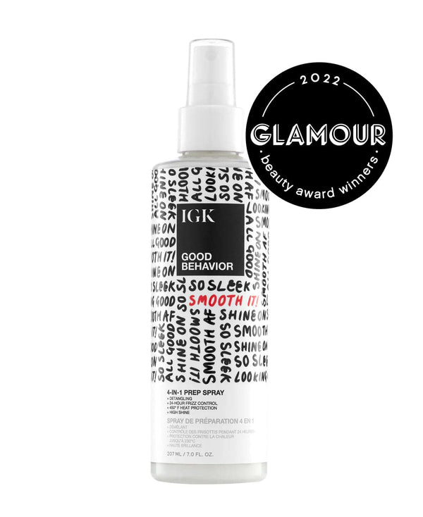 IGK Good Behavior 4-in-1 Prep Spray with Glamour 2022 Beauty Award badge.