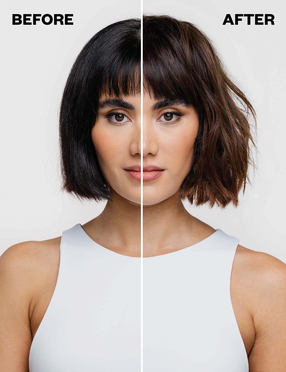 Split image showing a woman's hairstyle 'before' and 'after' a change.