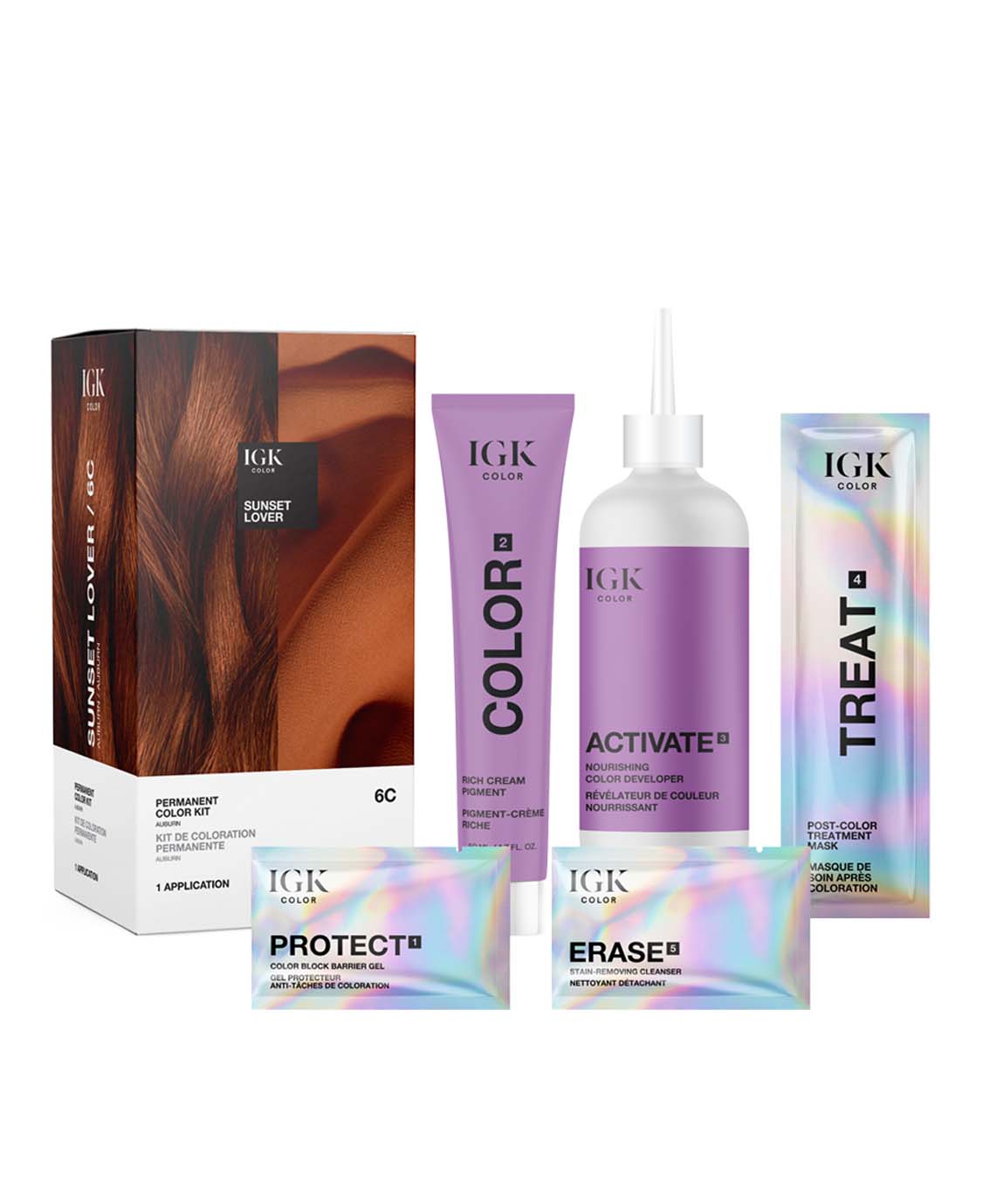 IGK permanent hair color kit with color developer, treatment mask, barrier gel, and stain-removal cleanser.