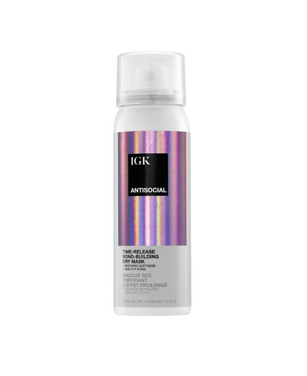 IGK Antisocial Time-Release Bond-Building Dry Hair Mask in a holographic can.
