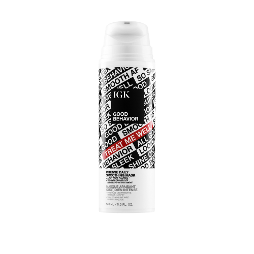 IK Good Behavior smoothing mask bottle with text design on white background.