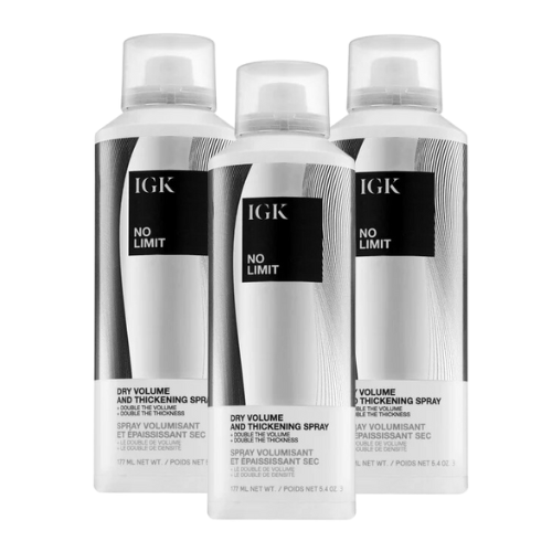 Three bottles of IGK No Limit Dry Volume and Thickening Spray.