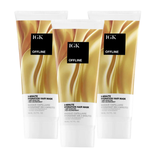 Three tubes of IGK Offline 3-Minute Hydration Hair Mask.