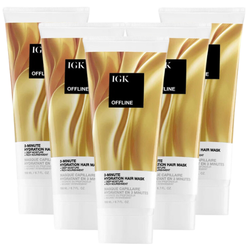 Five tubes of IGK Offline 3-Minute Hydration Hair Mask.