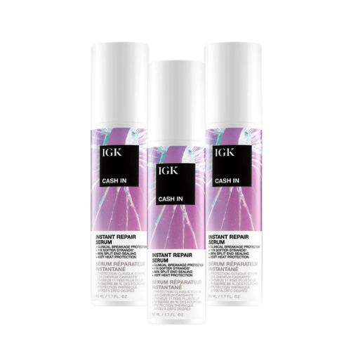 Three bottles of IGK Cash In Instant Repair Serum.