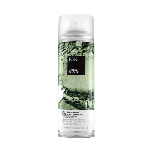 IGK Direct Flight dry shampoo can with green and black design.