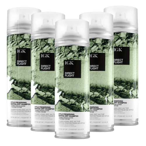 Five bottles of IGK Direct Flight Matcha Dry Shampoo.