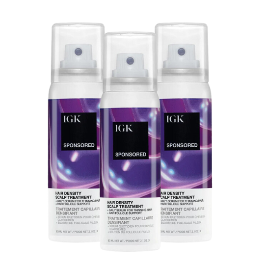Three bottles of IGK hair density scalp treatment.