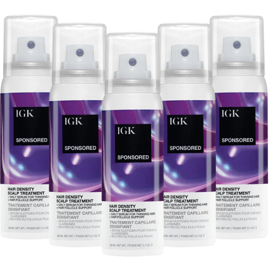 Five bottles of IGK Hair Density Scalp Treatment in a purple design.