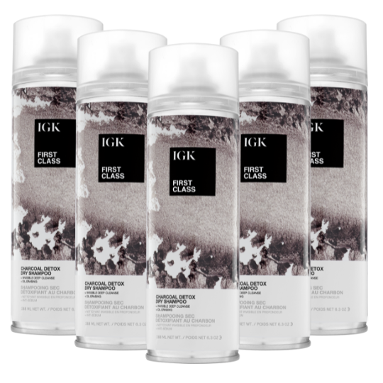 Five bottles of IGK First Class Charcoal Detox Dry Shampoo.