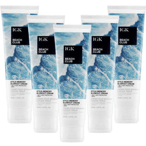 Five tubes of IGK Beach Club Blowout Cream with ocean-themed packaging.
