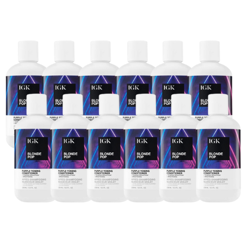 Ten bottles of IGK Blonde Pop purple toning shampoo.