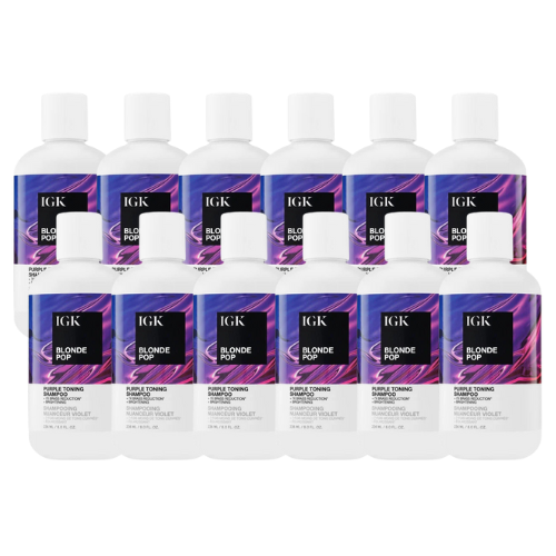 Ten bottles of IGK Blonde Pop hair toning shampoo.