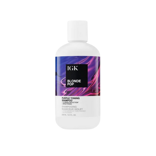 IGK Blonde Pop purple toning shampoo bottle with colorful label design.