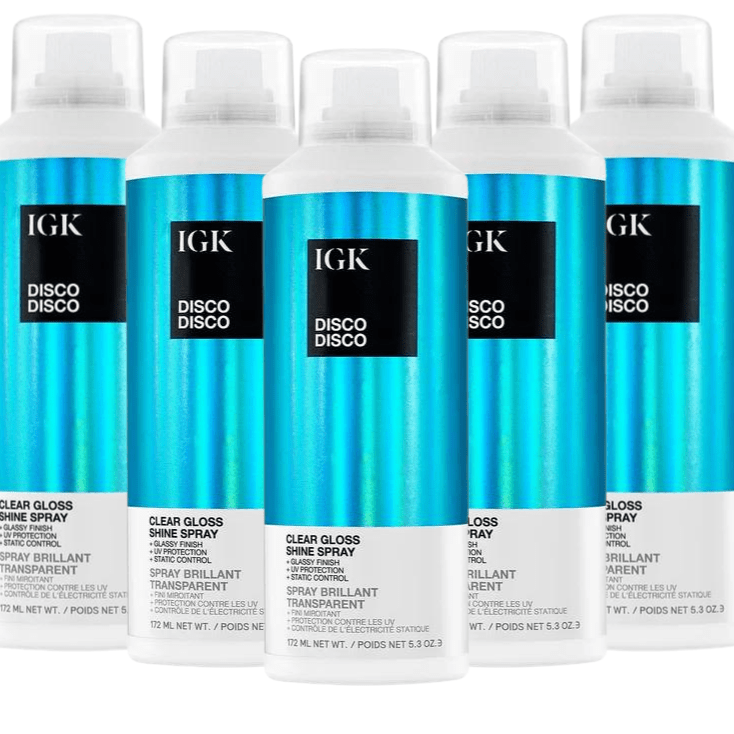 Five bottles of IGK Disco Disco Clear Gloss Shine Spray.