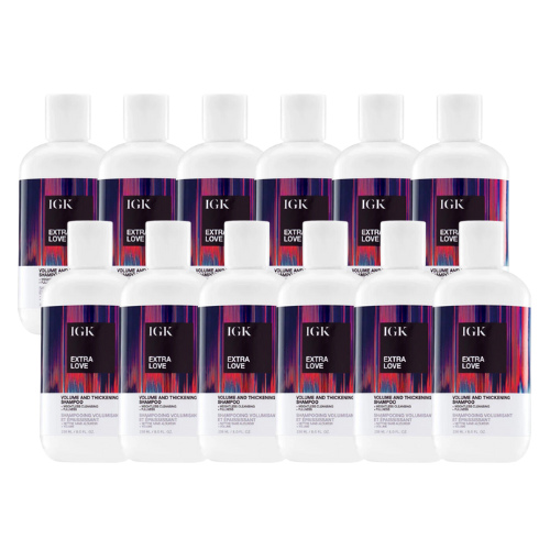 Ten IGK Extra Love shampoo and conditioner bottles displayed in two rows.