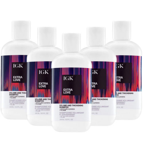 Five bottles of IGK Extra Love Volume and Thickening Shampoo.