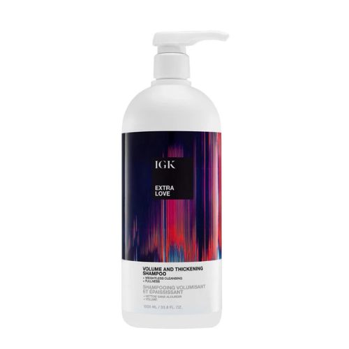 IGK Extra Love Volume and Thickening Shampoo bottle against white background.