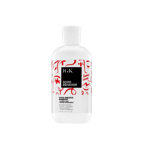 IGK Good Behavior Ultra Smooth Shampoo bottle with red abstract design.