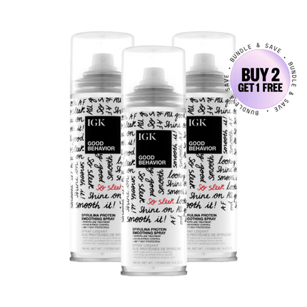 Three IGK Good Behavior hair spray bottles with a buy 2 get 1 free offer.