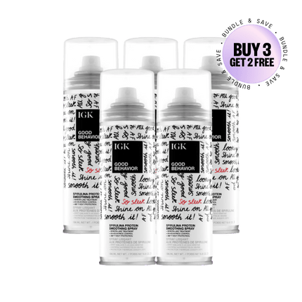 Five bottles of IGK Good Behavior spray with a 'Buy 3 Get 2 Free' label.