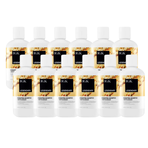 Ten bottles of IGK Legendary Shampoo arranged in a grid formation.