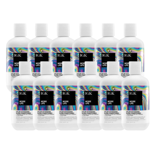 Ten bottles of IGK Color Extending Wash shampoo displayed in two rows.
