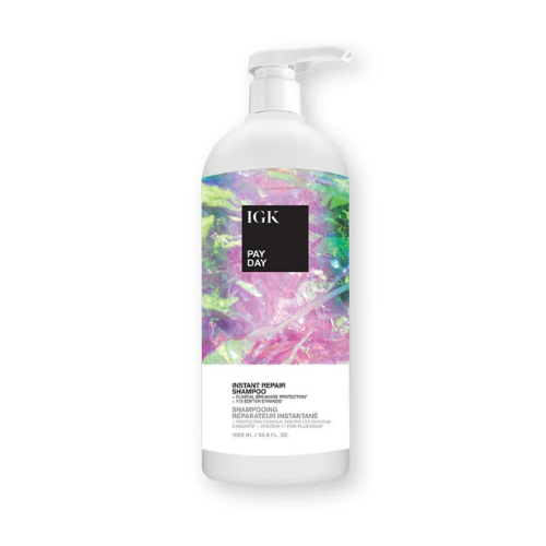IGK Payday Instant Repair Shampoo bottle with colorful abstract label design.